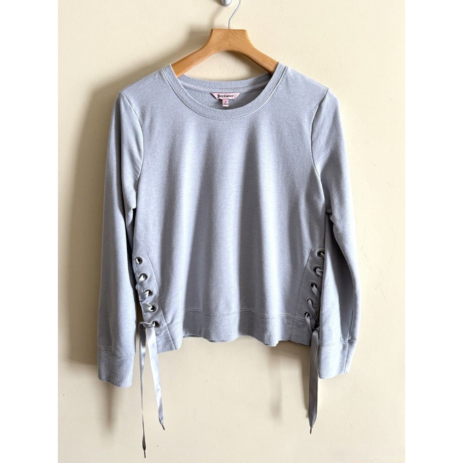 Juicy Couture Gray Womens Size M Ribbon Lace Up Sides Top Pullover Sweater Crew